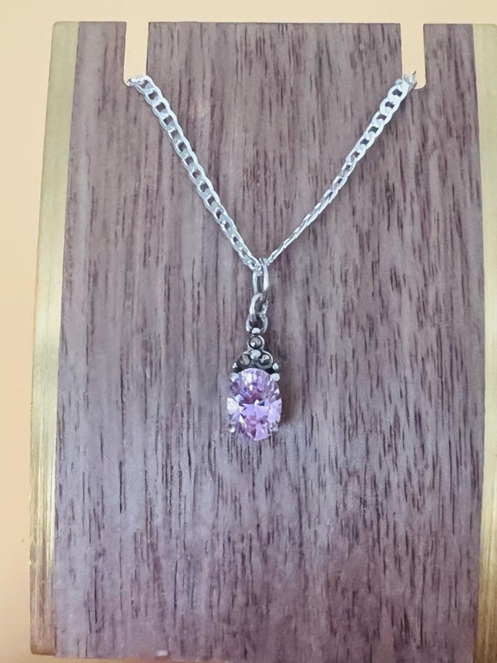 Vintage Silver Necklace with oval Pink CZ Pendant